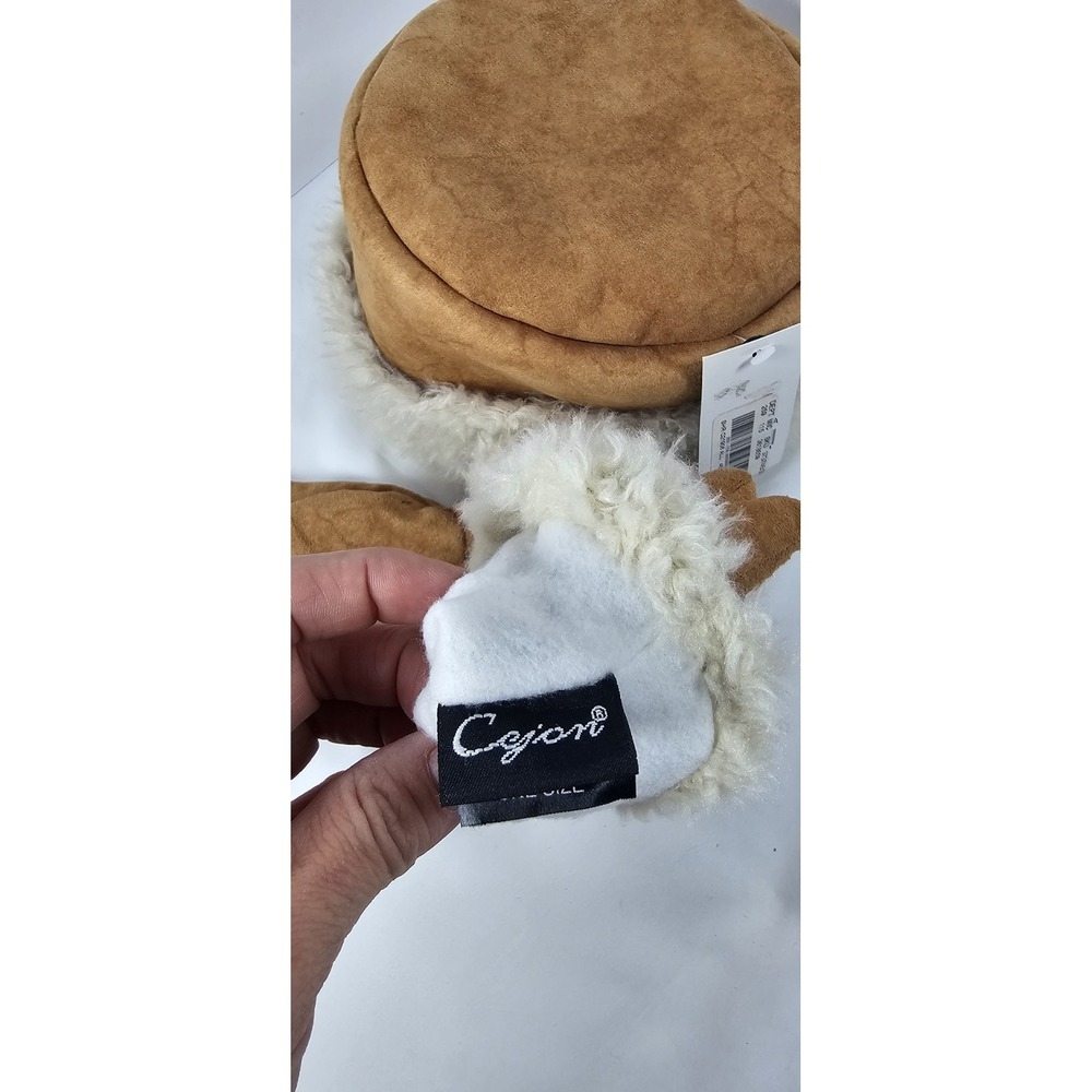 Céjon Faux Suede Sherpa Trim Hat & Gloves Set Tan Winter One Size Cozy Warm - Picture 2 of 4